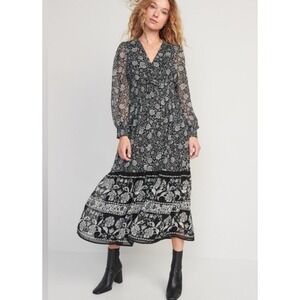 Old Navy Waist-Defined Black White  Long-Sleeve Maxi Dress XXL boho‎ peasant